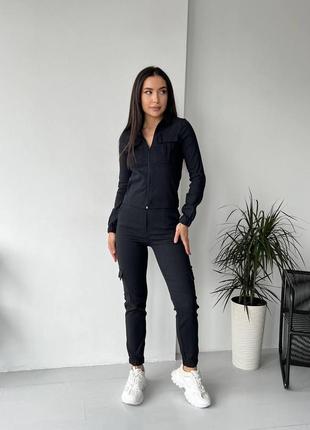 Женский деловой стильный классный классический удобный модный трендовый костюм модный брюки штаны штанишки и рубашка черный джинсовый