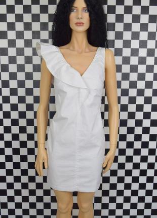 Белоснежное котоновое белое ассиметричное мини платье с воланом2 фото