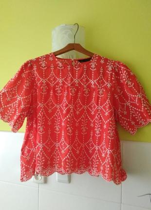 Шикарная блуза блузка футболка zara модного цвета коралловая с вышивкой2 фото
