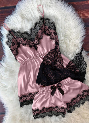 Атласная пижама 3в1 с кружевом
