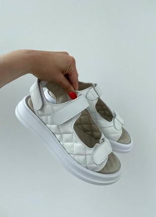 Стильные белые босоножки/сандали на липучке стеганные кожаные женские летин,лито 2023-2024
