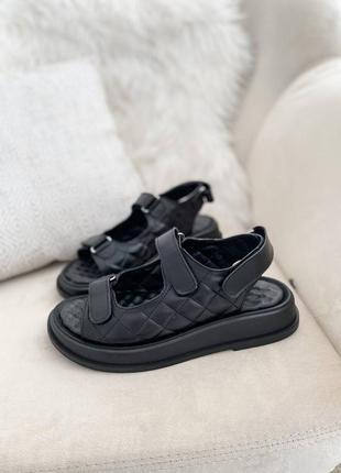 Стильные черные босоножки/сандали на липучке стеганные кожаные женские летин,лито 2023-20243 фото