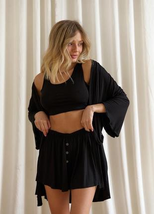 Черная соблазнительная трикотажная пижама с халатом, комплект тройка топ, шорты и халат, комплект для дома и сна
