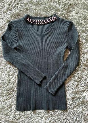 Гольфик изумрудного цвета в рубчик с красивым чокером, тянется