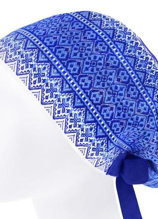 Медицинская шапочка шапка женская тканевая хлопковая многоразовая принт вышиванка синяя3 фото