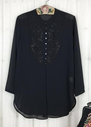 Шифоновая нарядная черная удлиненная блуза с  вышивкой бисером винтаж ретро next1 фото