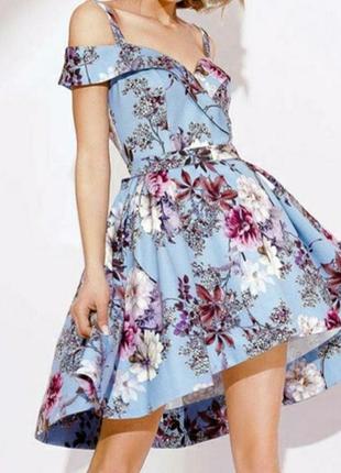 Платье голубое в цветочный принт с ассиметричной юбкой