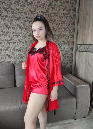 Пижама женская атласная с кружевом майка+шорты, красная, xs/s4 фото