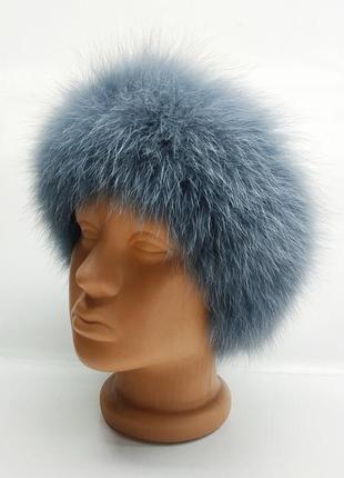 Меховая повязка на голову женская серо-голубая