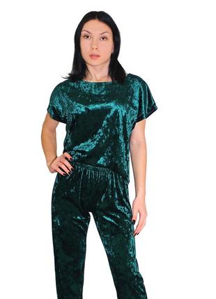 Жіночій домашній костюм, футболка+штани з мрамурного велюру зелений, s