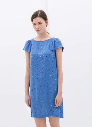 Новое платье zara рюшами воланами принтом горошек прямое голубое летнее коктейльное