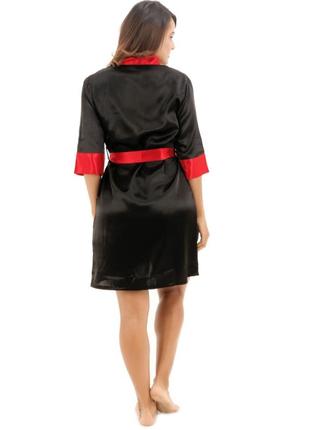 Женский атласный халат под пояс длина 90см черный с красными манжетами, xs2 фото