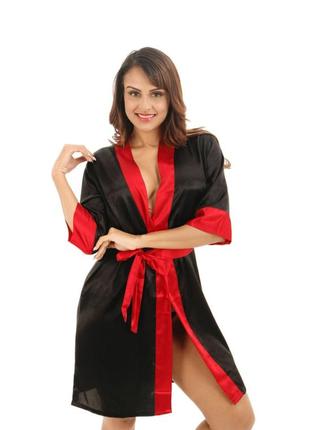 Женский атласный халат под пояс длина 90см черный с красными манжетами, xs3 фото