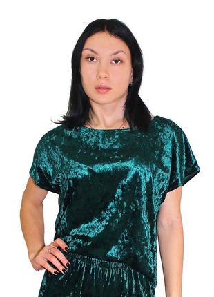 Жіночій домашній костюм, футболка+шорти з мрамурного велюру зелений, s2 фото
