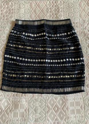 Яркая мини юбка трапеция расшита стразами размер xs-s