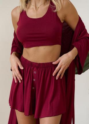 Женский трикотажный комплект топ, шорты и халат для дома и сна/летняя легкая пижама топ + шорты, халат2 фото