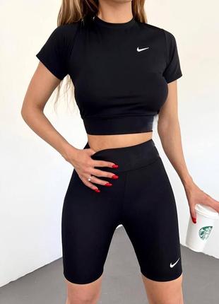Женский костюм классический спортивный спорт повседневный удобный качественный шорты велосипедки и + топик топ черный