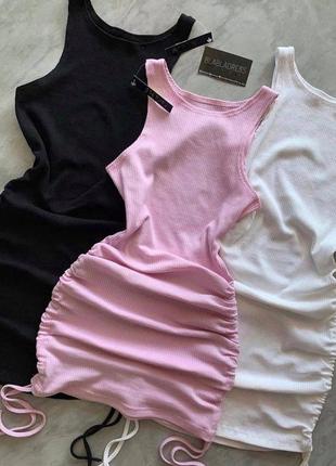 Платье рубчик с затяжками цвет: черный, белый, розовый, серый