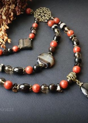 Ожерелье летние сумерки коралл агат и раухтопаз. ожерелье в 3 ряда с бронзой и подвеской2 фото