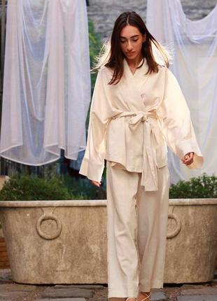 Льняной брючный  костюм кимоно на запах1 фото