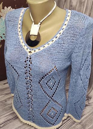 Ажурный пуловер женская голубая кофта с белой окантовкой р. 44-46