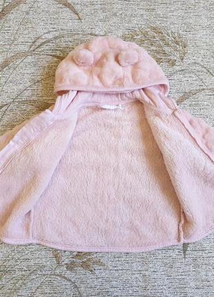 Брендова, рожева мягенька плюшева курточка, куртка. капюшон з вушками.  на зріст - 68 см. розовая, плюшевая курточка с ушками, на 4-6 месяцев3 фото