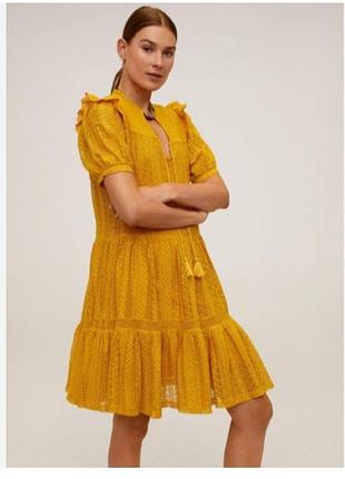Mango оранжевое ажурное платье из хлопка, горчичное платье