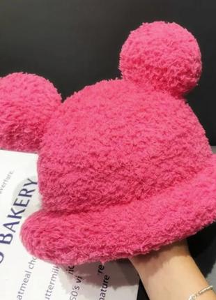 Шапка мікі маус з вушками та закотом (мінні маус, мишеня, ведмедик, тідді) рожева, унісекс one size