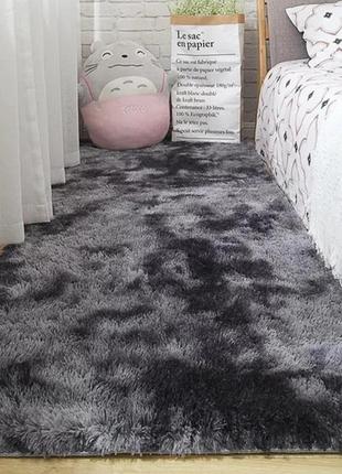 Меховой ворсистый коврик травка 1.6х2м. / тёмно-серый прикроватный коврик с длинным ворсом1 фото