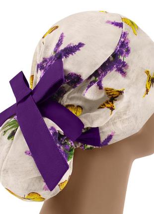 Медицинская шапочка шапка женская тканевая хлопковая многоразовая принт шалфей бабочки