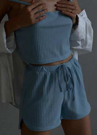 Женский костюм классический спортивный спорт повседневный удобный качественный шорты шортики и + топ голубой
