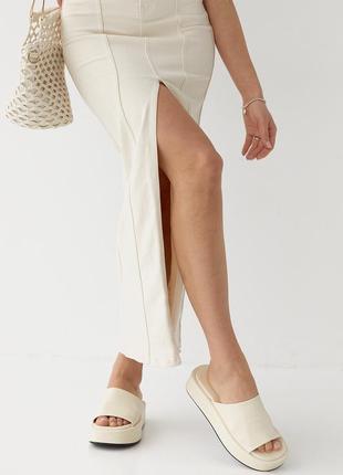 Джинсовая юбка-карандаш с высоким разрезом спереди - кремовый цвет, 38р (есть размеры)5 фото