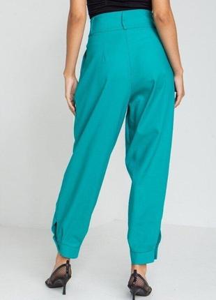Стильные повседневные женские бирюзовые брюки с высоким поясом и манжетами