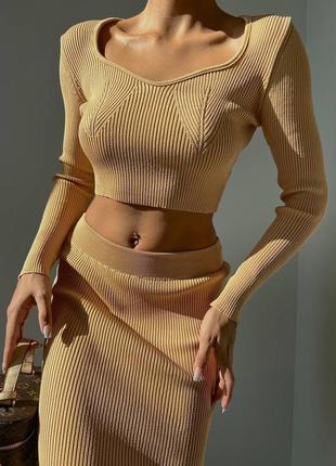 Женский комплект юбка миди и топ с длинным рукавом7 фото