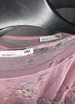 Блуза розовая полупрозрачная с объёмными рукавами в цветочный принт zara7 фото