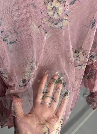 Блуза розовая полупрозрачная с объёмными рукавами в цветочный принт zara6 фото