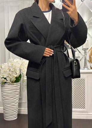 Пальто халат с поясом с кнопками 40% шерсть длинного свободного кроя кэмел коричневое черное серое6 фото