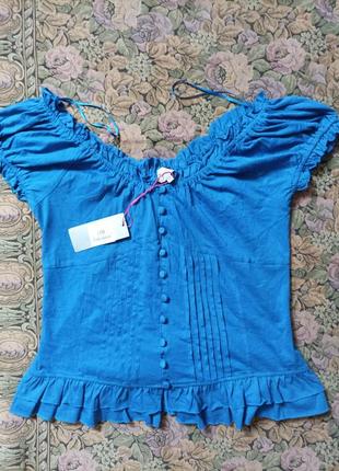 Хлопковая легкая летняя блуза с декольте, с утягивающим шнурком1 фото