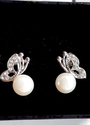 Срібні сережки "метелики" з перлами і білими топазами, 925 проба, 104/43 фото
