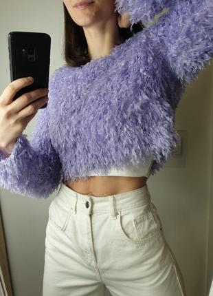 Стильный актуальный свитер в виде перьев укороченный свитшот блуза лиловая сиреневый объемный топ длинный рукав zara5 фото
