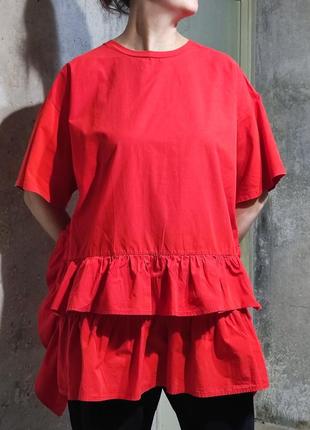 Сорочка блузка блуза футболка оверсайз вільний крій туніка червона рюша волани2 фото