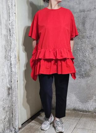 Сорочка блузка блуза футболка оверсайз вільний крій туніка червона рюша волани4 фото