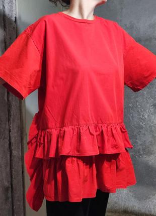 Сорочка блузка блуза футболка оверсайз вільний крій туніка червона рюша волани1 фото