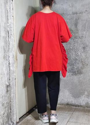 Сорочка блузка блуза футболка оверсайз вільний крій туніка червона рюша волани5 фото