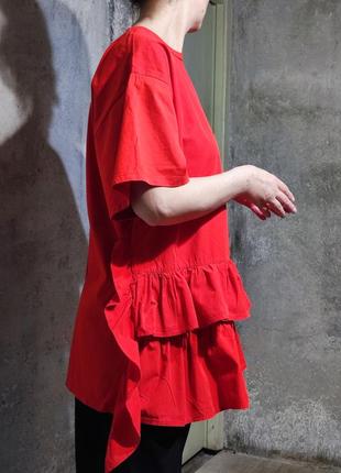 Сорочка блузка блуза футболка оверсайз вільний крій туніка червона рюша волани3 фото