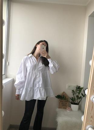 🌿 актуальна біла ярусна блуза сорочка з об'ємним рукавом topshop розмір s-m3 фото