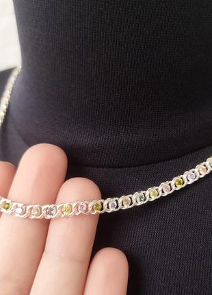 Серебряная женская цепочка, колье арабский бисмарк с цветными камнями 45-50 см