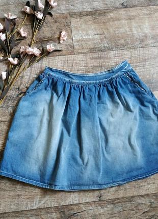 Джинсовая пышная мини юбка голубая с потертостями и карманами-м-ка2 фото