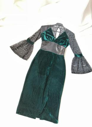 ☘️ красивое платье стрейч велюр с кружевом планом пышные рукава корсет из пайеток3 фото