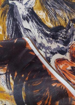 🎬винтажный платок🎬 rhodia бежево-коричневый с принтом 🐎лошадей🐎 ацетат(76 см на 78 см)